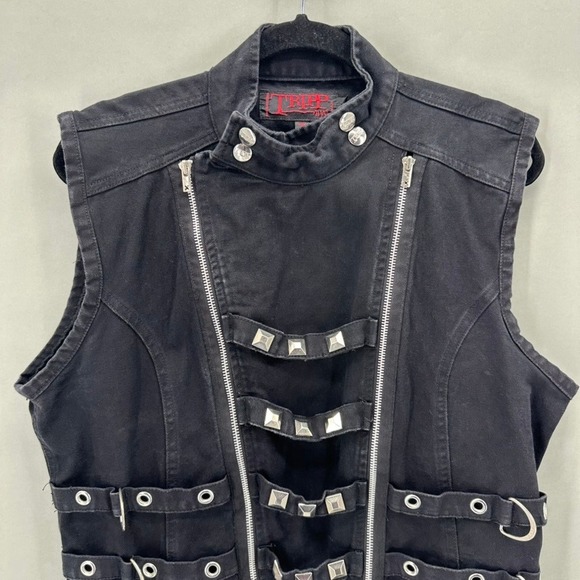 Vintage Tripp NYC Mens Biker Vest Black Zipper Metal Studded D-Ring Size L Punk - Picture 2 of 12